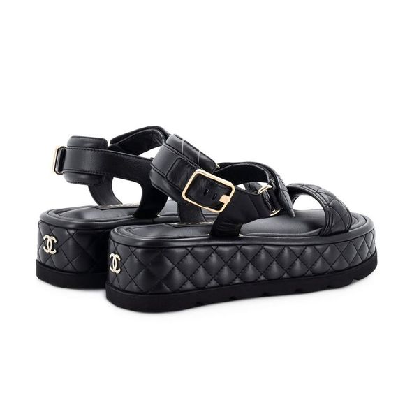 Chanel Women's Logo Velcro Strap Wedge Sandals Quilted Leather Black - Picture 3 of 4
